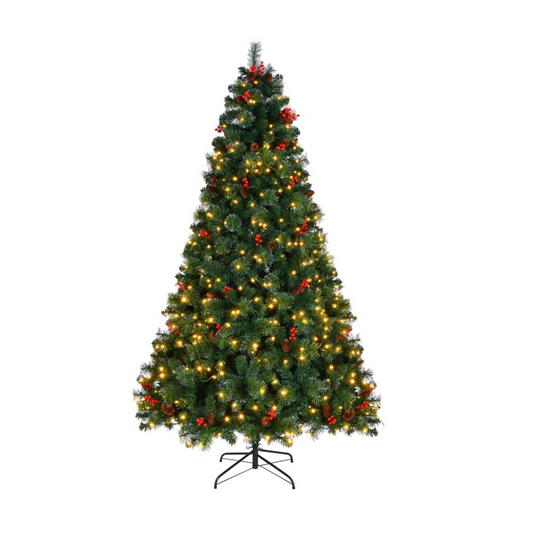 7.5ft Pre-Lit Grand Pine Needle Christmas Tree with LEDs, Pinecones & Berries