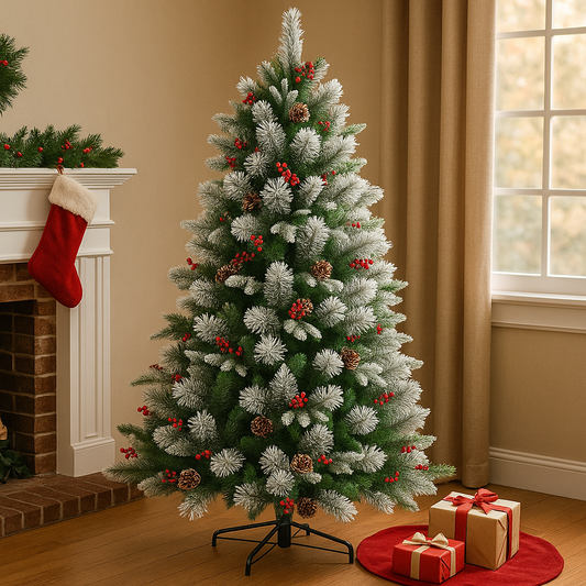 6ft Snowy Alpine Heritage Tree - With Pine Cones & Red Berries