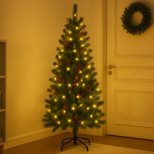6ft Pre Lit Warm Glow Berry Pine - With Red Berries & Warm Lights
