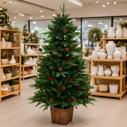5ft Rustic Pinecone Joy Tree with wooden pot-style base