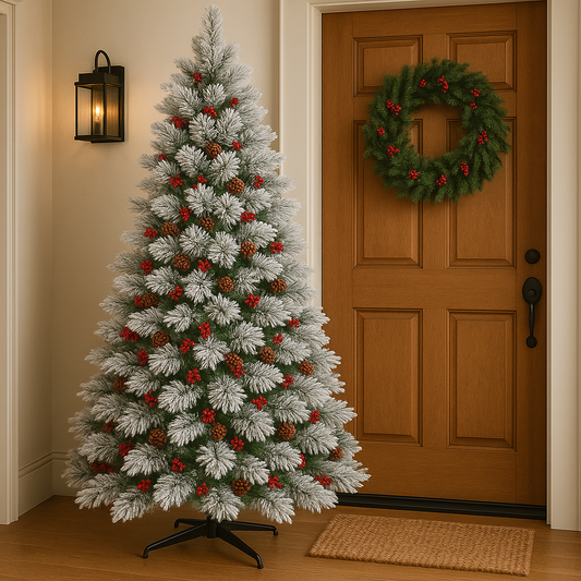 7ft Flocked Nordic Pine Premium Tree - With Pine Cones & Red Berries