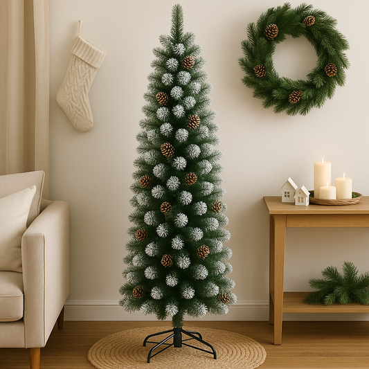 6ft Snow Tip Pencil Pine Tree - With Natural Pine Cones