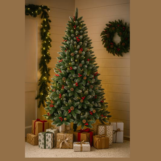 7ft Snow-Kissed Sharp Pine Tree - With Pine Comes, Red Berries