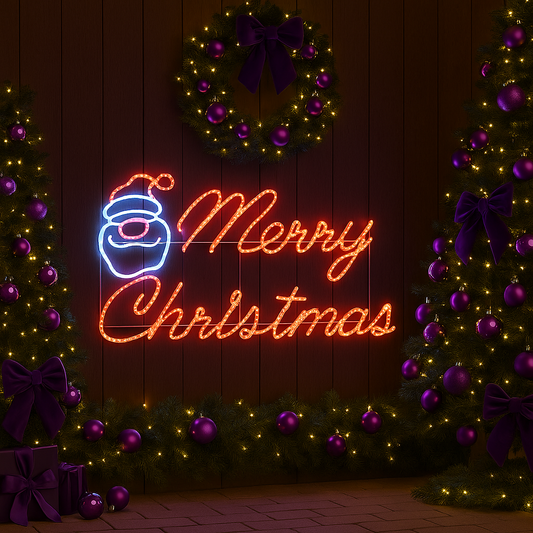 Merry Christmas LED Rope Light Sign with Santa Face