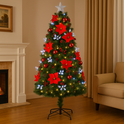 6ft Fiber Optic Christmas Tree with Red Ornaments & Star Topper