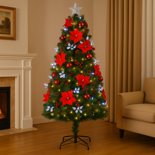 6ft Fiber Optic Christmas Tree with Red Ornaments & Star Topper