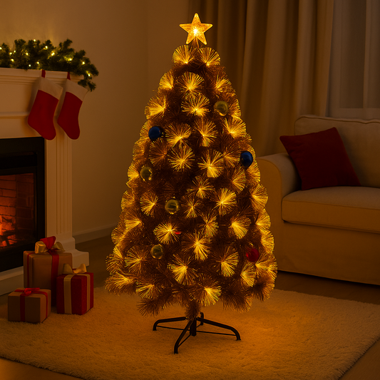 6ft Golden Glow Fiber Optic Christmas Tree with Ornaments & Star Topper