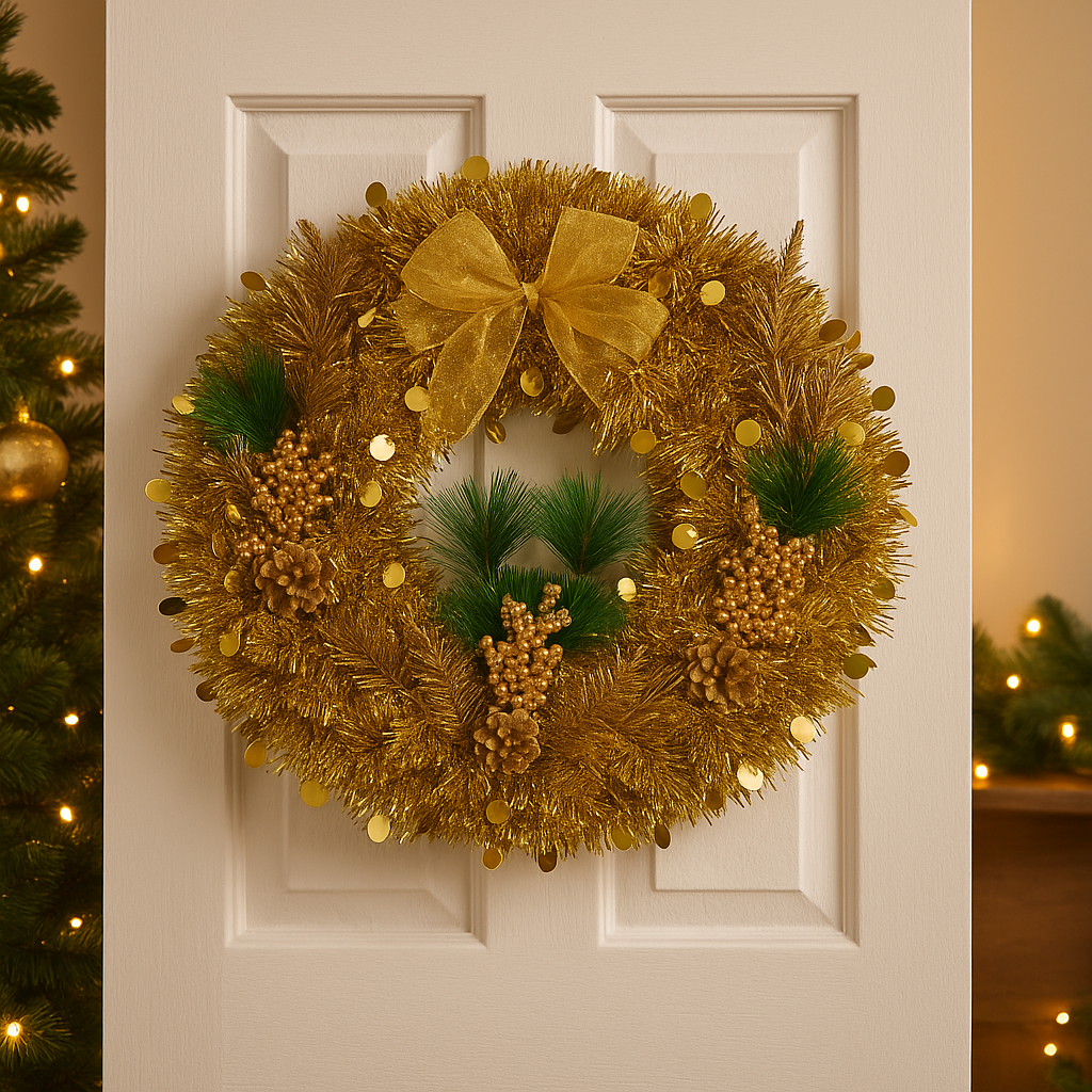 Golden Christmas Wreath with Berries & Bow