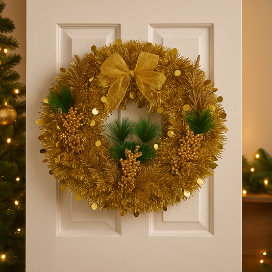 Golden Christmas Wreath with Berries & Bow
