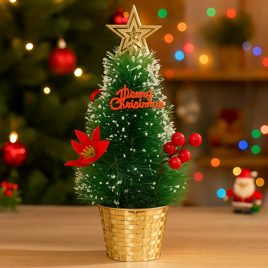 Snowy Sparkle Mini Christmas Tree in Golden Basket