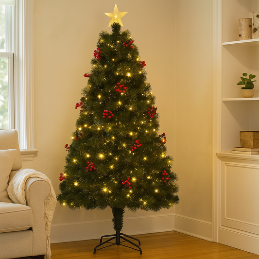 6ft Fiber Optic Christmas Tree with Berries, Stars & Pinecones