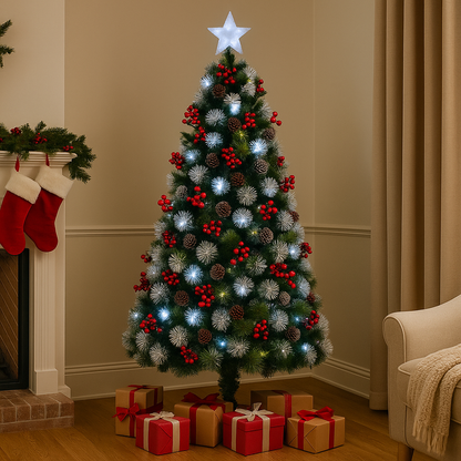 6ft Frosted Glow Fiber Optic Christmas Tree with Berries & Star Topper