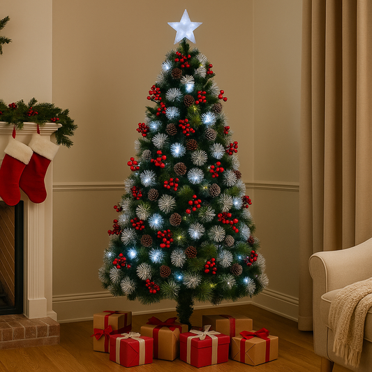6ft Frosted Glow Fiber Optic Christmas Tree with Berries & Star Topper
