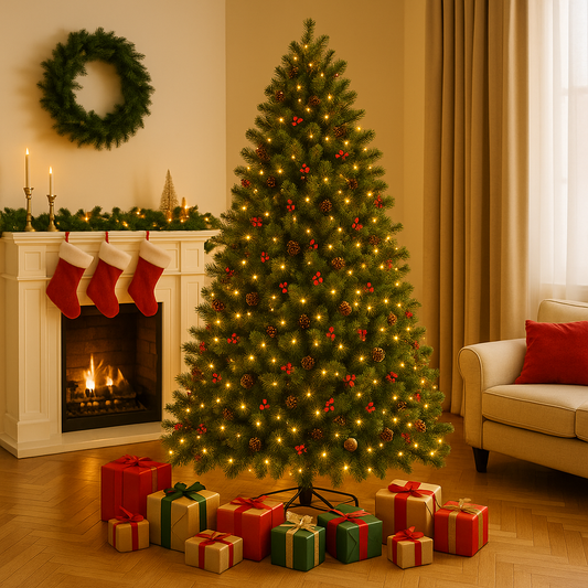 6.5ft Pre-Lit Deluxe Pine Needle Christmas Tree with Red Berries & Pinecones