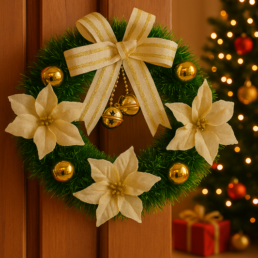 Elegant Gold & Ivory Christmas Wreath with Bells
