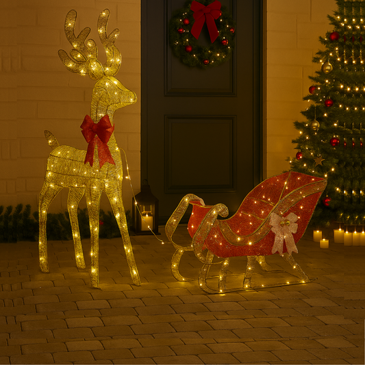 LED Reindeer with Sleigh - 148cm Christmas Display with Warm Lights